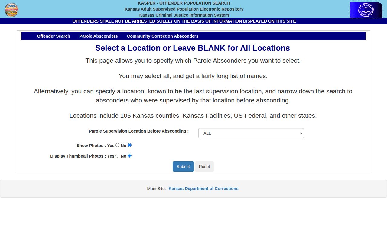 Official KASPER Parole Absconders search page