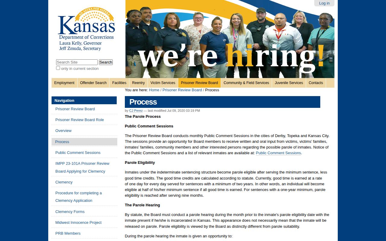 Kansas Prisoner Review Board parole process page